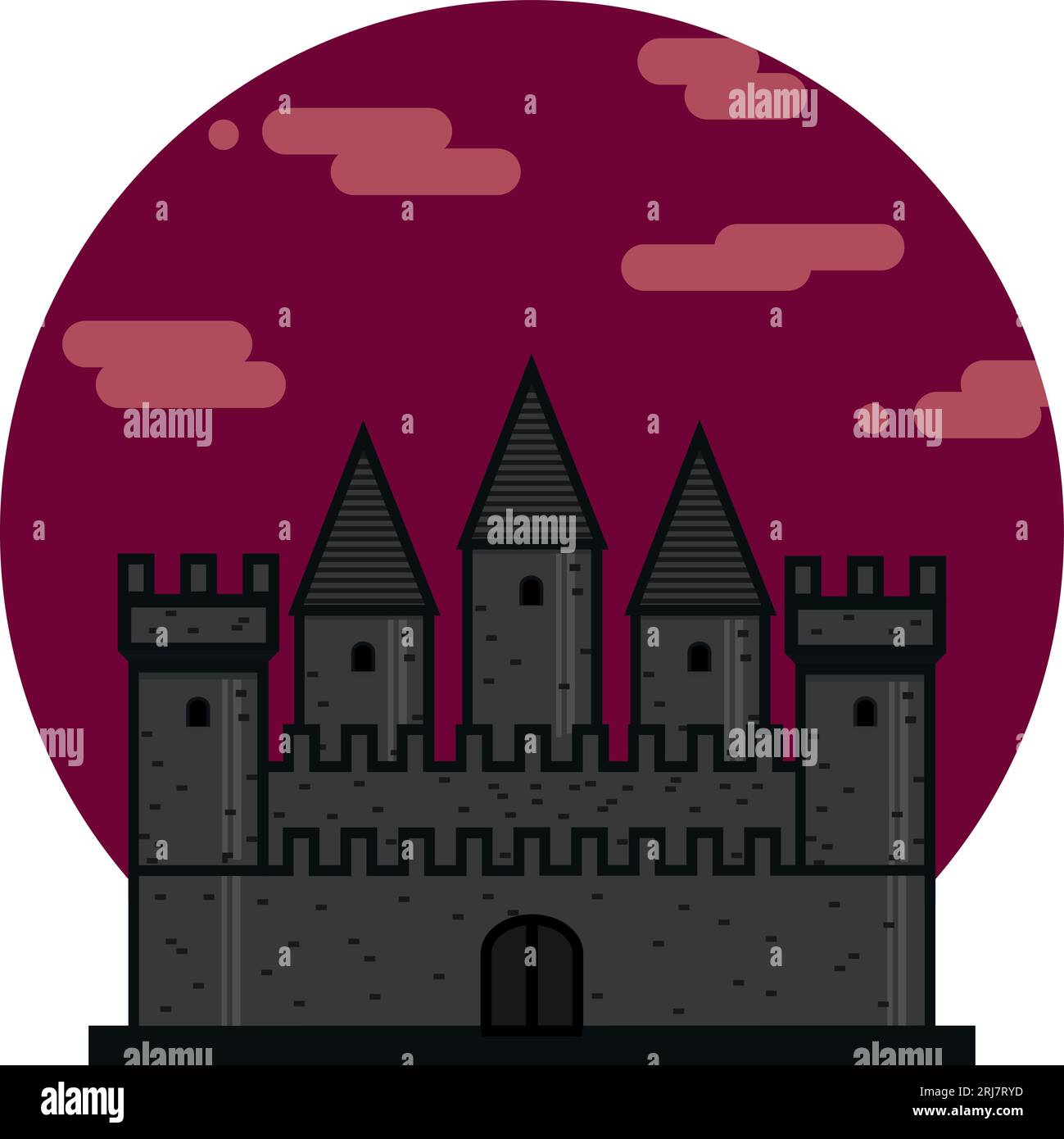 Dark Medieval castle flat icon. Fortress on red bloody sky circle background. Medieval architecture. Vector illustration of knight castle with walls a Stock Vector