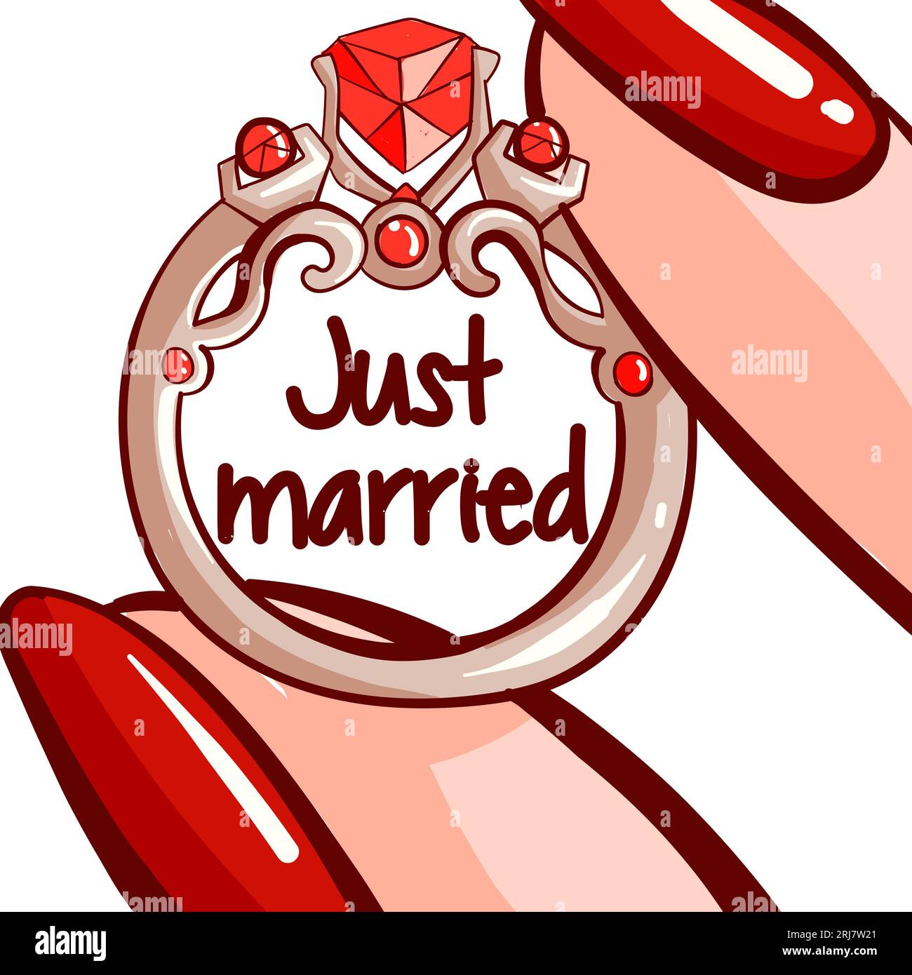 Two fingers with red nails holding an engagement ring. Diamond jewelry with silver and the text 'just married' for couples. Wedding conceptual art for Stock Vector