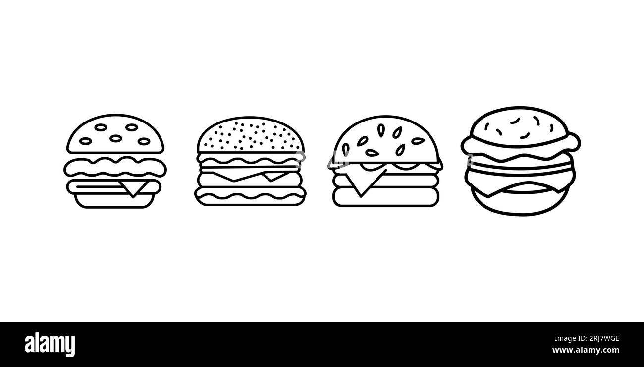 Burger with sausage, cheeseburger, double burger, burger burrito icons Stock Vector