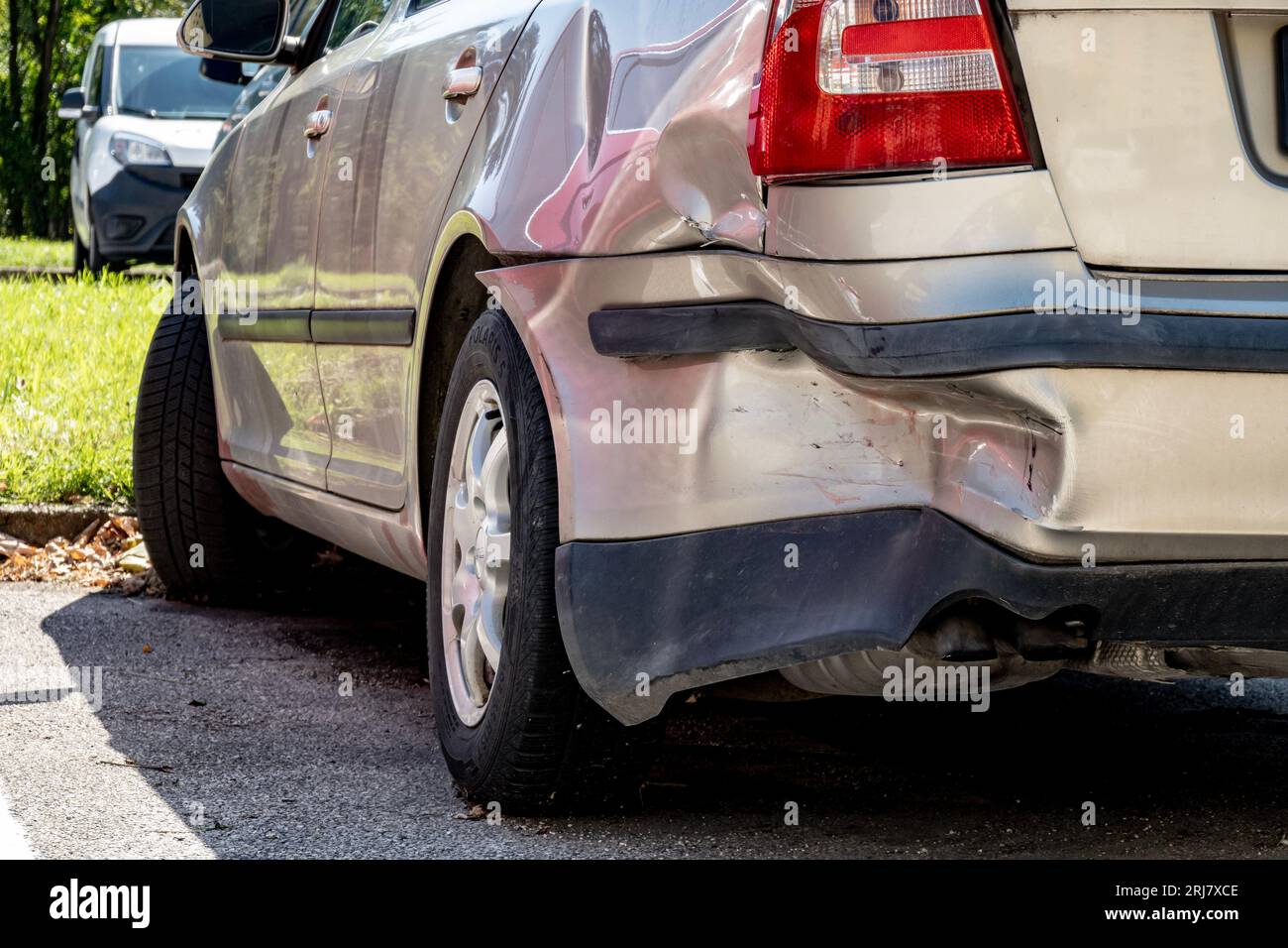 HAVIROV, CZECH REPUBLIC - AUGUST 11, 2023: Heavily damaged rear bumper of Skoda Octavia vehicle in traffic accident Stock Photo