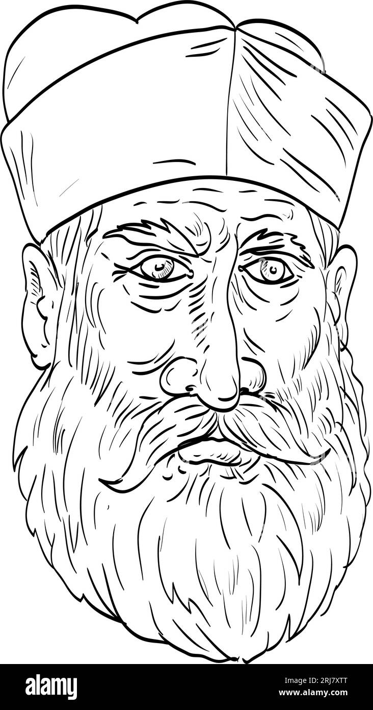 Line art drawing illustration of head of a roman catholic cardinal priest viewed from front done in medieval style on isolated background in black and Stock Photo