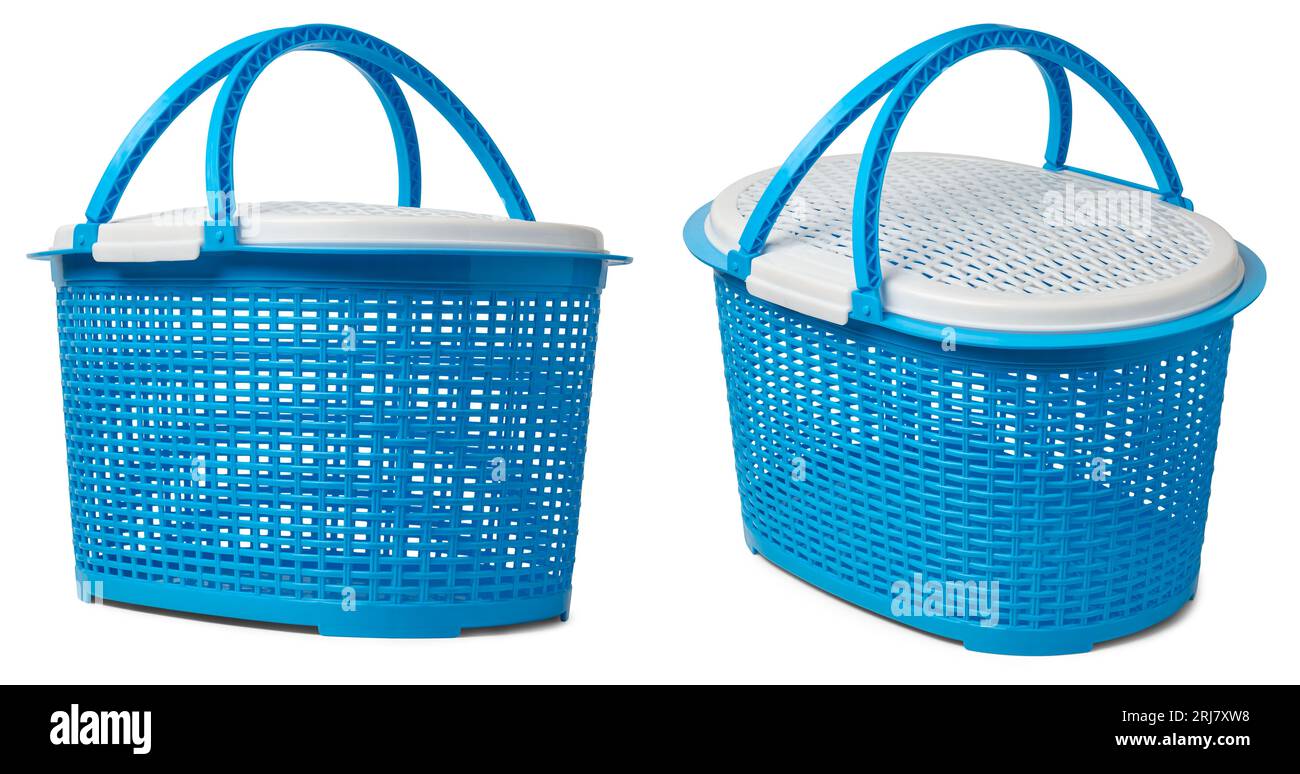 blue color empty plastic basket with white lid, shopping or storage container taken in different angles isolated on white background, mock-up template Stock Photo