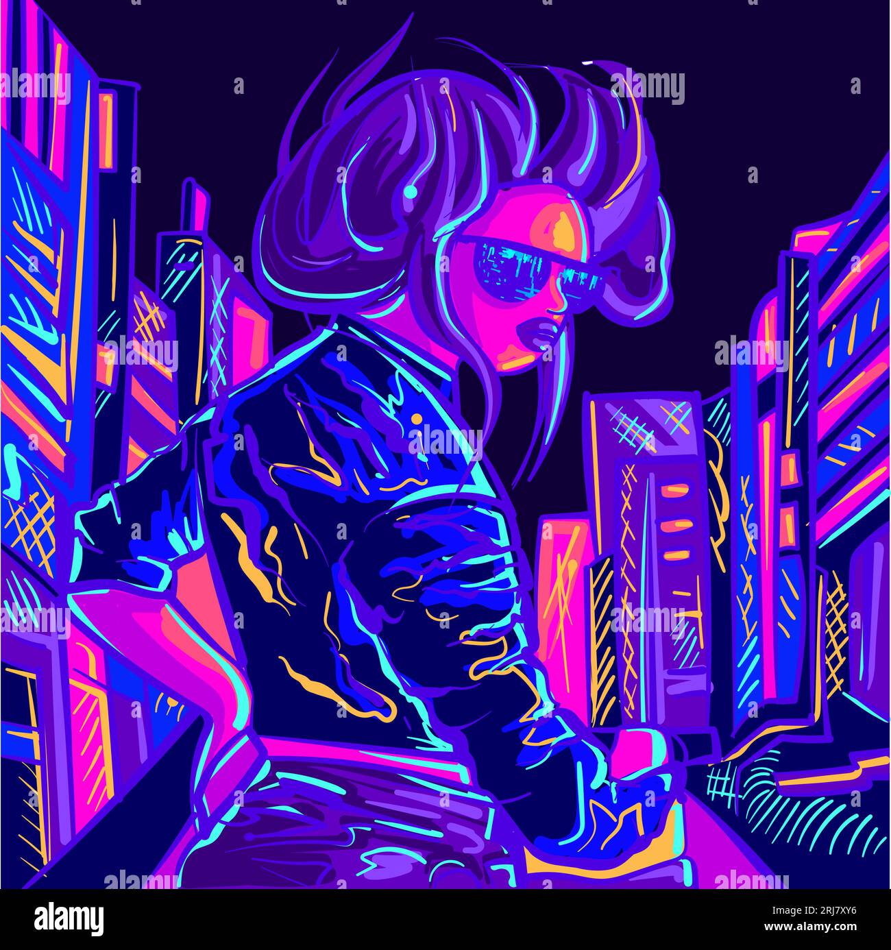 Neon biker woman wearing a leather jacket in a big city. Fantasy rider with sunglasses in a retrowave town. Stock Vector