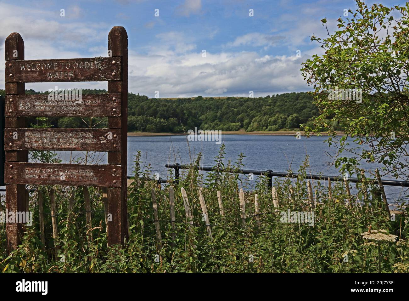 Wooden sign at Ogden Water, a reservoir on the outskirts of Halifax Stock Photo