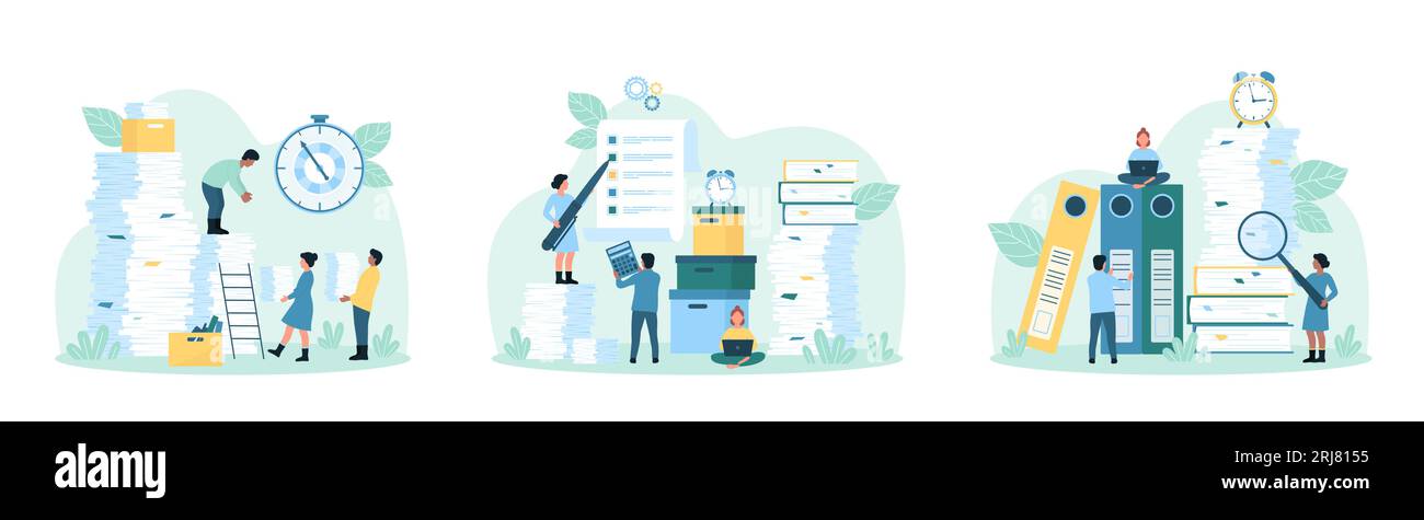 Paperwork, bureaucracy set vector illustration. Cartoon tiny people research business information with magnifying glass, carry big stacks and piles of paper documents for analysis and organization Stock Vector