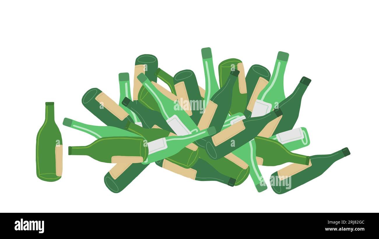 Pile of empty glass bottles from alcohol, wine, beer, rum, tequila. Concept of alcoholism, drunkenness, alcohol abuse, alcohol addiction. Garbage, eco Stock Vector