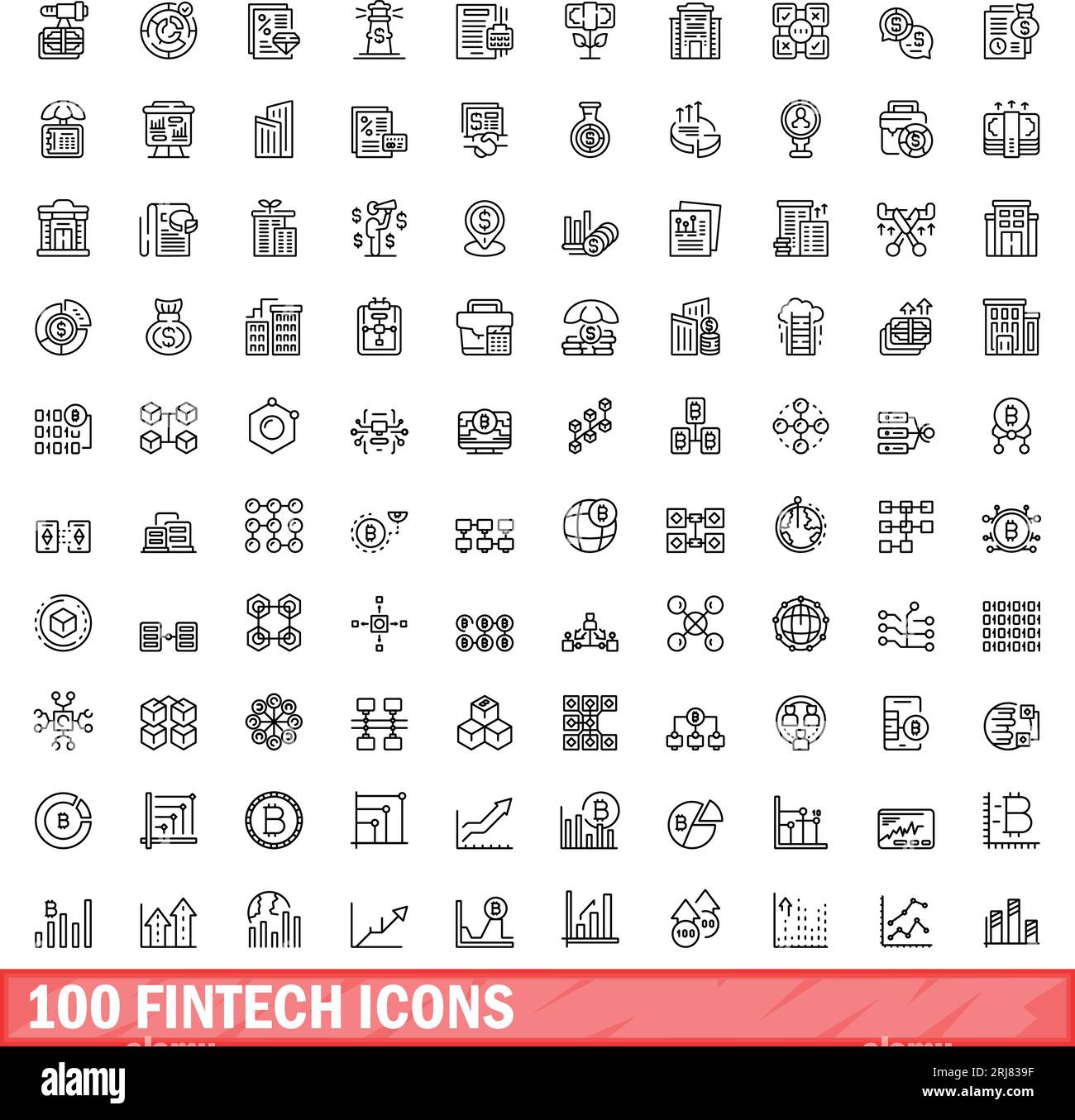 100 fintech icons set. Outline illustration of 100 fintech icons vector ...