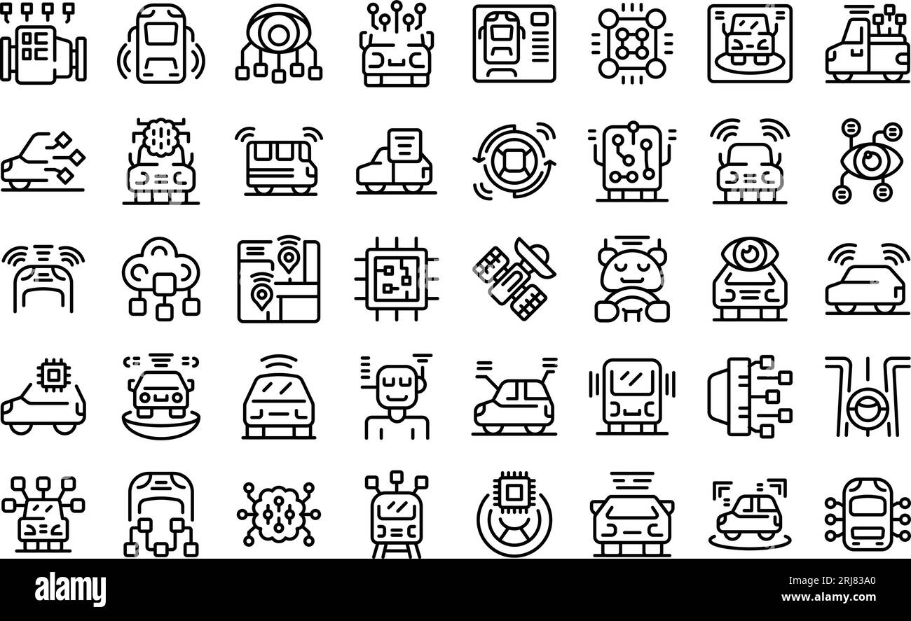 Artificial intelligence in transport icons set outline vector. Digital car. City road Stock Vector