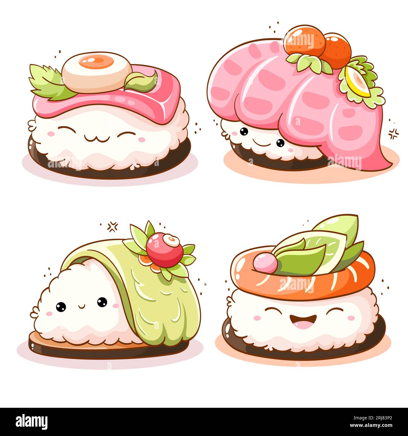 Set of cute sushi and rolls in kawaii style with smiling faces. Japanese traditional cuisine dishes. Can be used for t-shirt print, sticker, greeting Stock Photo