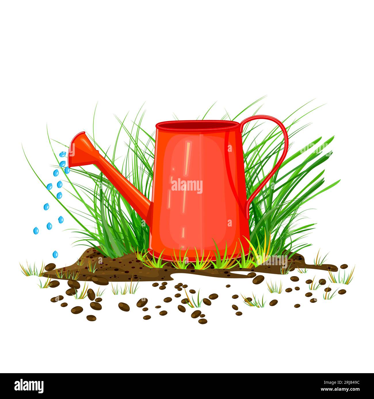 Grass and watering can. Watering pot stand on grass bush. Seasonal