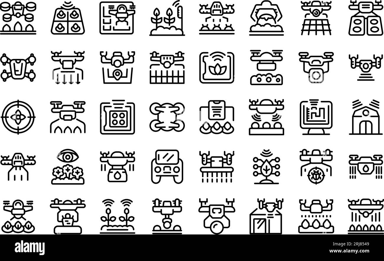 Drones in agriculture icons set outline vector. Farm pest. Smart nature ...