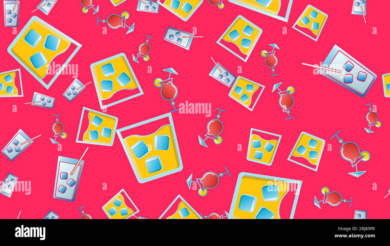 Endless seamless pattern of beautiful glass glasses with tasty alcoholic cocktails with ice and straws with lemons and beer for a party on a red backg Stock Vector