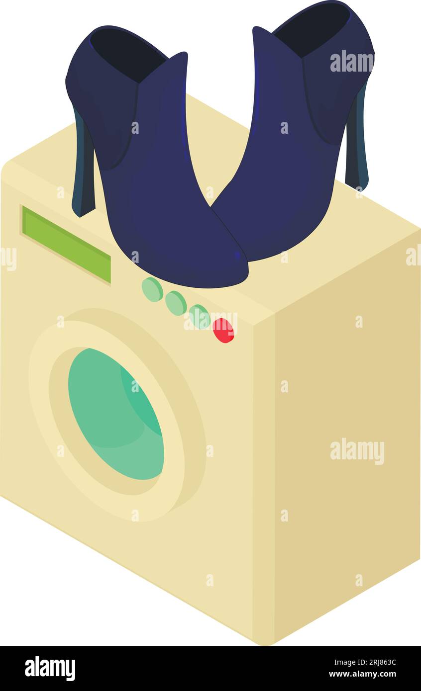 Ankle boot icon isometric vector. Blue women ankle boot on washing machine icon. Women shoes Stock Vector