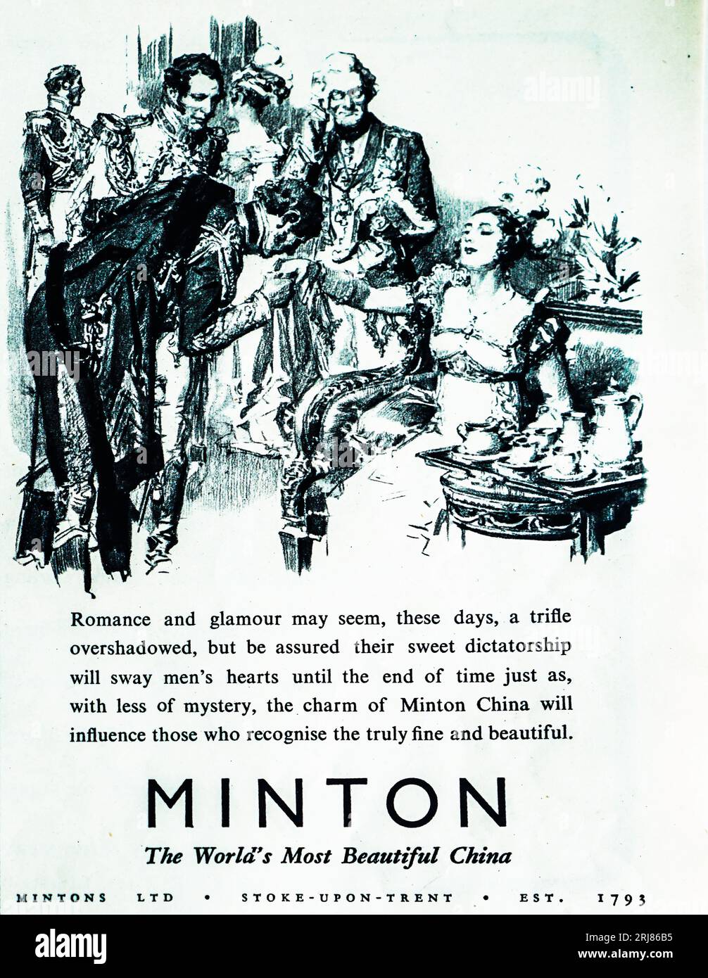 A 1945 wartime advertisement for Minton China ‘the worlds most beautiful china’. The company dates back to 1793 when production commenced in Stoke On Trent in Staffordshire, England. The original founder was Thomas Minton who formed a partnership with Joseph Paulson to market earthenware and bone china. In the 1950s the company merged with the Royal Doulton Group and by the 1980s production of Minton China was in decline. In the 1990s the Minton factories and offices were demolished as part of rationalisation within the Doulton Group. In 2005 Royal Doulton was acquired by Waterford Wedgwood. Stock Photo