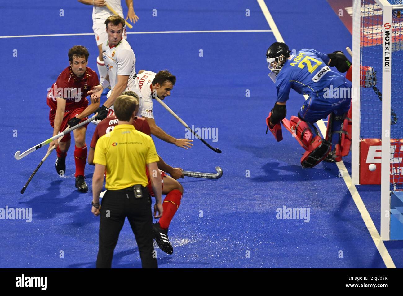 Monchengladbach, Germany. 21st Aug, 2023. Belgium's Florent van Aubel  scores during a hockey game between Spain and Belgian national men hockey  team Red Lions, Monday 21 August 2023 in Monchengladbach, Germany, game