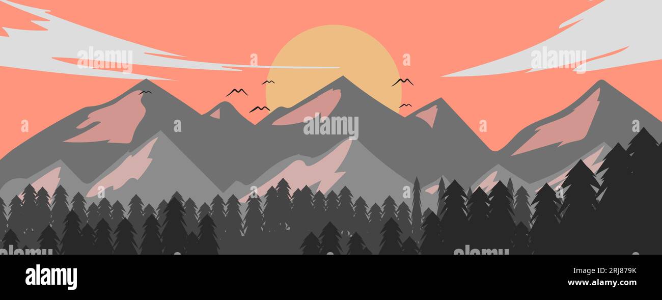 landscape vector illustration of mountain and forest view with slightly cloudy sky in the afternoon Stock Vector