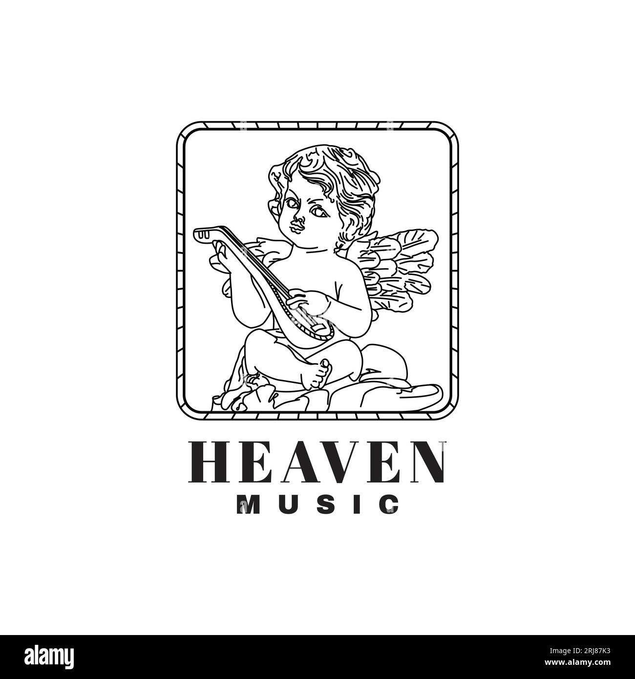 Baby Angel Playing Ukulele Line Art Style Vector Design. Guitar Angel Logo Emblem Stock Vector