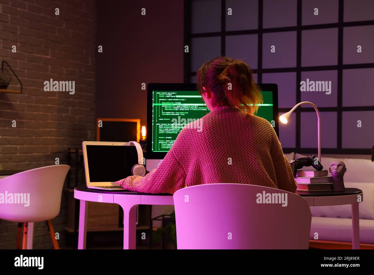 Female programmer working at table in office, back view Stock Photo - Alamy
