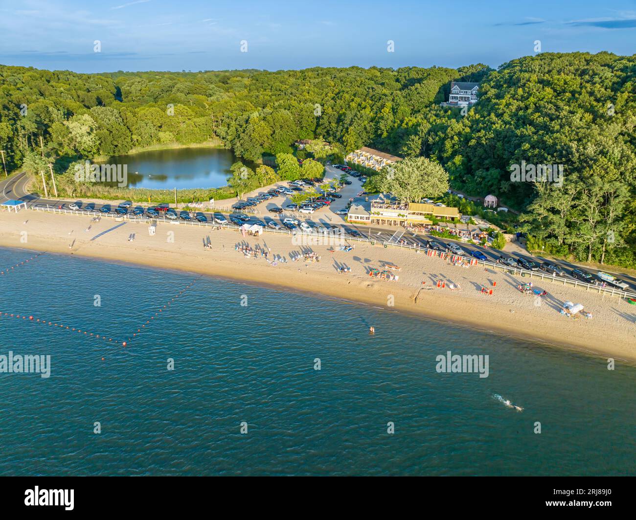 aerial image of sunset beach and hotel in shelter island, ny Stock
