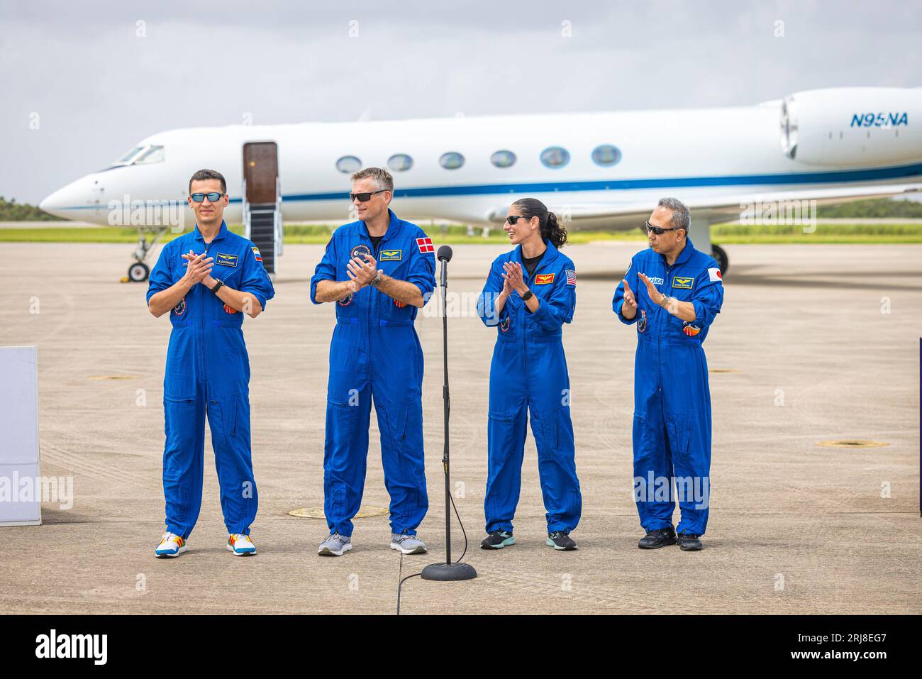 USA. 20th Aug, 2023. NASA's SpaceX Crew-7 mission members (Roscosmos cosmonaut Konstantin Borisov, left, European Space Agency astronaut Andreas Mogensen, second from left, NASA astronaut Jasmin Moghbeli, second from right, and Japan Aerospace Exploration Agency astronaut Satoshi Furukawa, right) speak to members of the media and pose for photos at the Launch and Landing Facility at NASA's Kennedy Space Center in Florida on Aug. 20, 2023., The launch is scheduled for Aug. 25. (Photo by Alex G. Perez/Sipa USA) Credit: Sipa USA/Alamy Live News Stock Photo