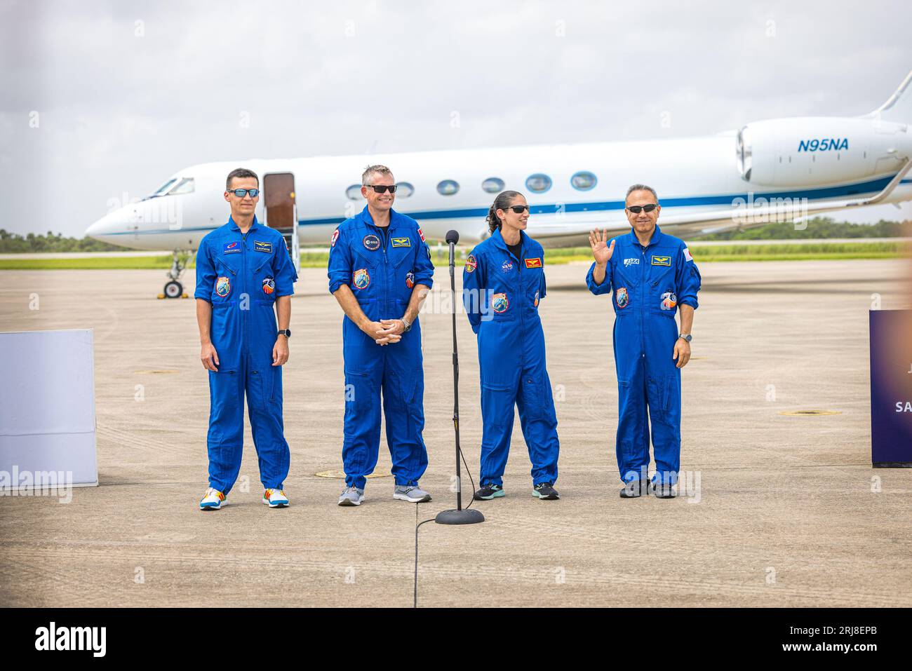 USA. 20th Aug, 2023. NASA's SpaceX Crew-7 mission members (Roscosmos cosmonaut Konstantin Borisov, left, European Space Agency astronaut Andreas Mogensen, second from left, NASA astronaut Jasmin Moghbeli, second from right, and Japan Aerospace Exploration Agency astronaut Satoshi Furukawa, right) speak to members of the media and pose for photos at the Launch and Landing Facility at NASA's Kennedy Space Center in Florida on Aug. 20, 2023., The launch is scheduled for Aug. 25. (Photo by Alex G. Perez/Sipa USA) Credit: Sipa USA/Alamy Live News Stock Photo