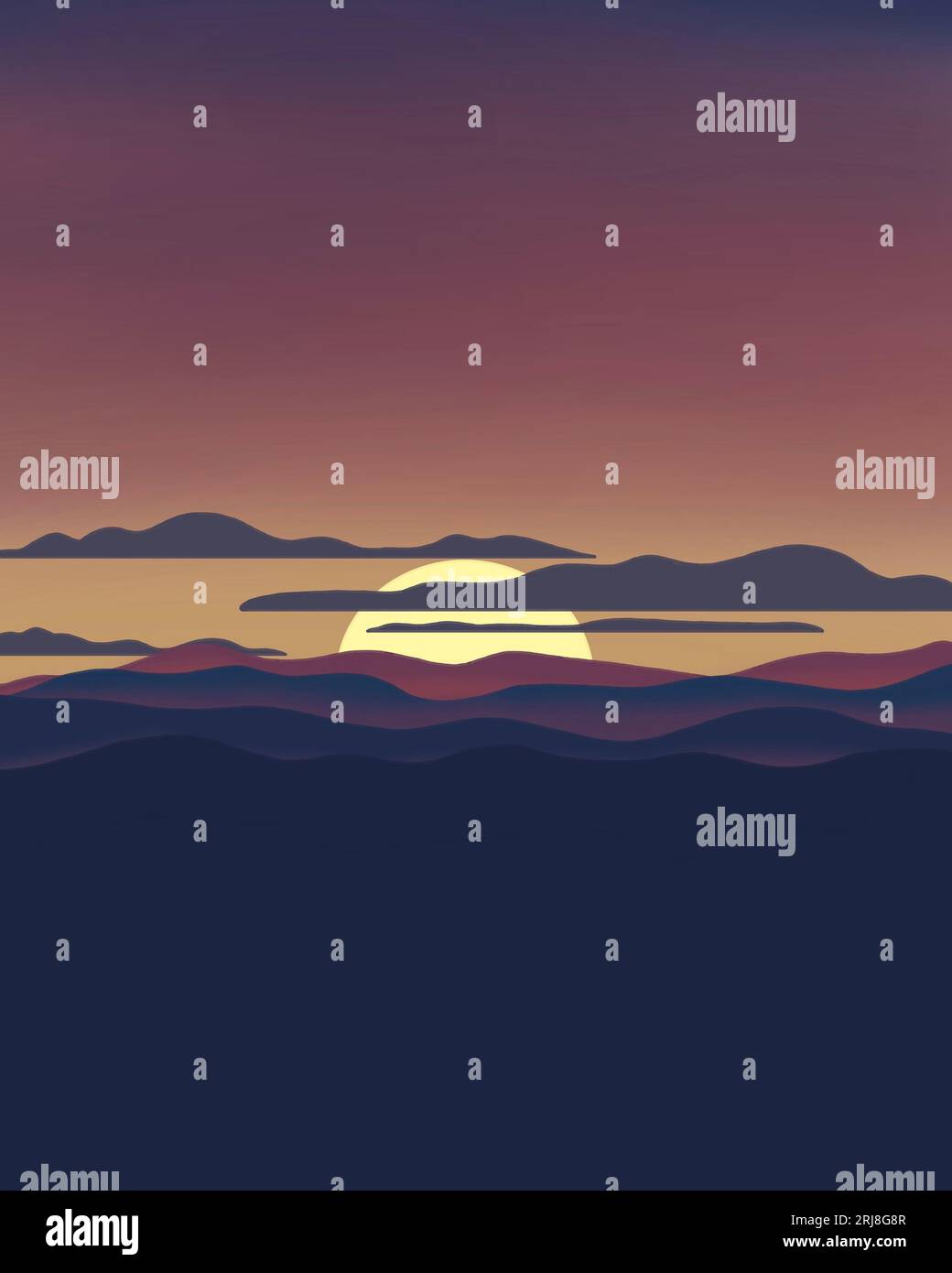 Cartoon drawing of a hill range at sunset. Stock Photo