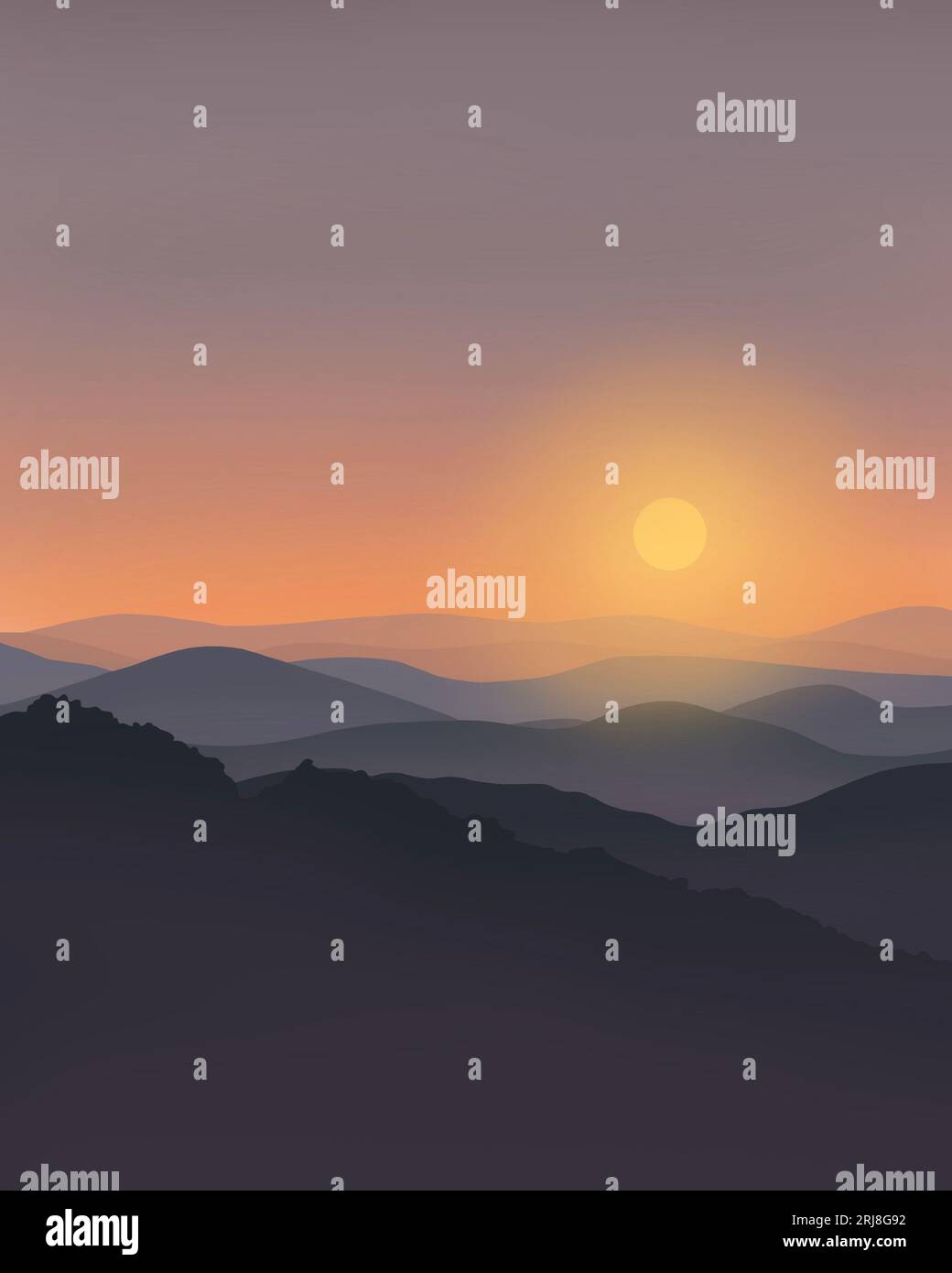 Drawing of the sun rising behind a hill range at dawn. Stock Photo