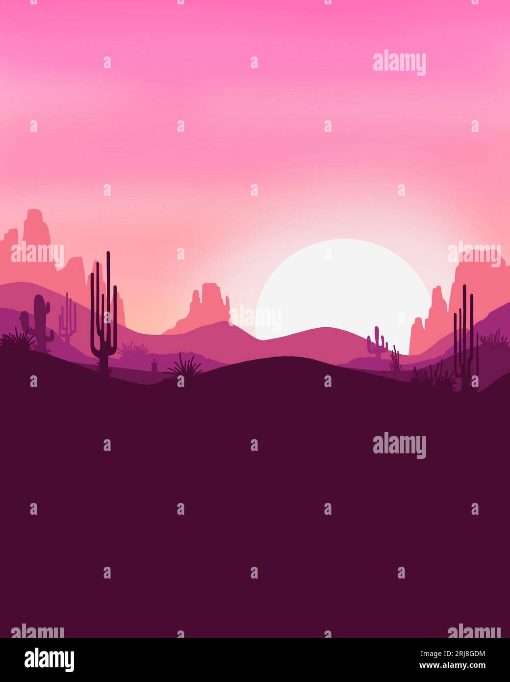Cartoon drawing of the sun setting in the desert with lovely shades of pink. Stock Photo