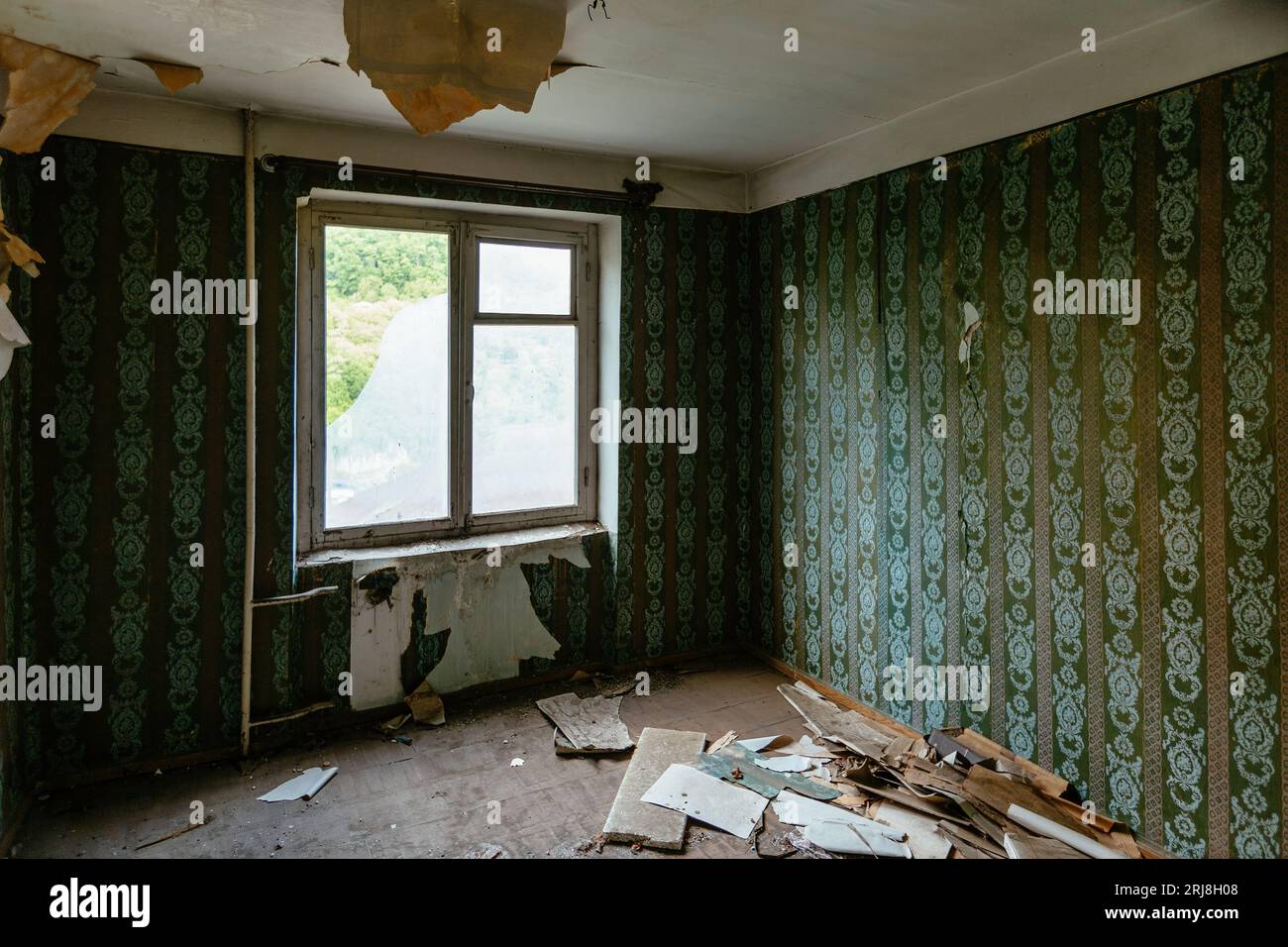 Old empty abandoned ruined apartment. Stock Photo