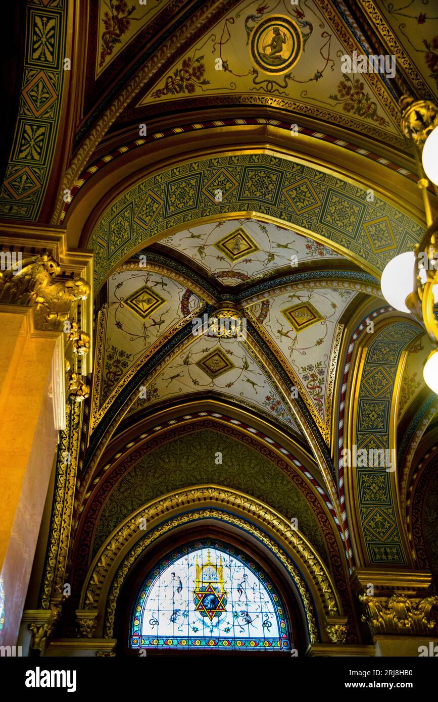 Elegant ceilings and stained glass window in the Budapest Parliament