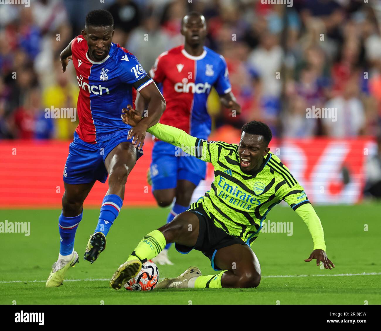 Eddie Nketiah #14 of Arsenal is fouled by Jefferson Lerma #8 of Crystal Palace  during the Premier League match Crystal Palace vs Arsenal at Selhurst Park, London, United Kingdom, 21st August 2023  (Photo by Mark Cosgrove/News Images) Stock Photo