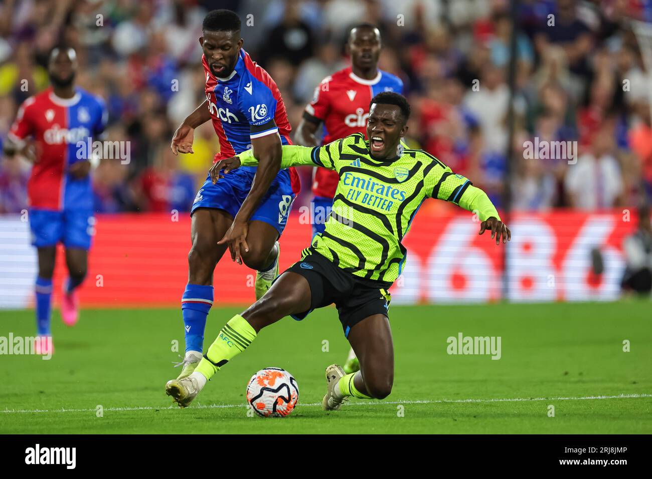 Eddie Nketiah #14 of Arsenal is fouled by Jefferson Lerma #8 of Crystal Palace during the Premier League match Crystal Palace vs Arsenal at Selhurst Park, London, United Kingdom, 21st August 2023 (Photo by Mark Cosgrove/News Images) in, on 8/21/2023. (Photo by Mark Cosgrove/News Images/Sipa USA) Credit: Sipa USA/Alamy Live News Stock Photo