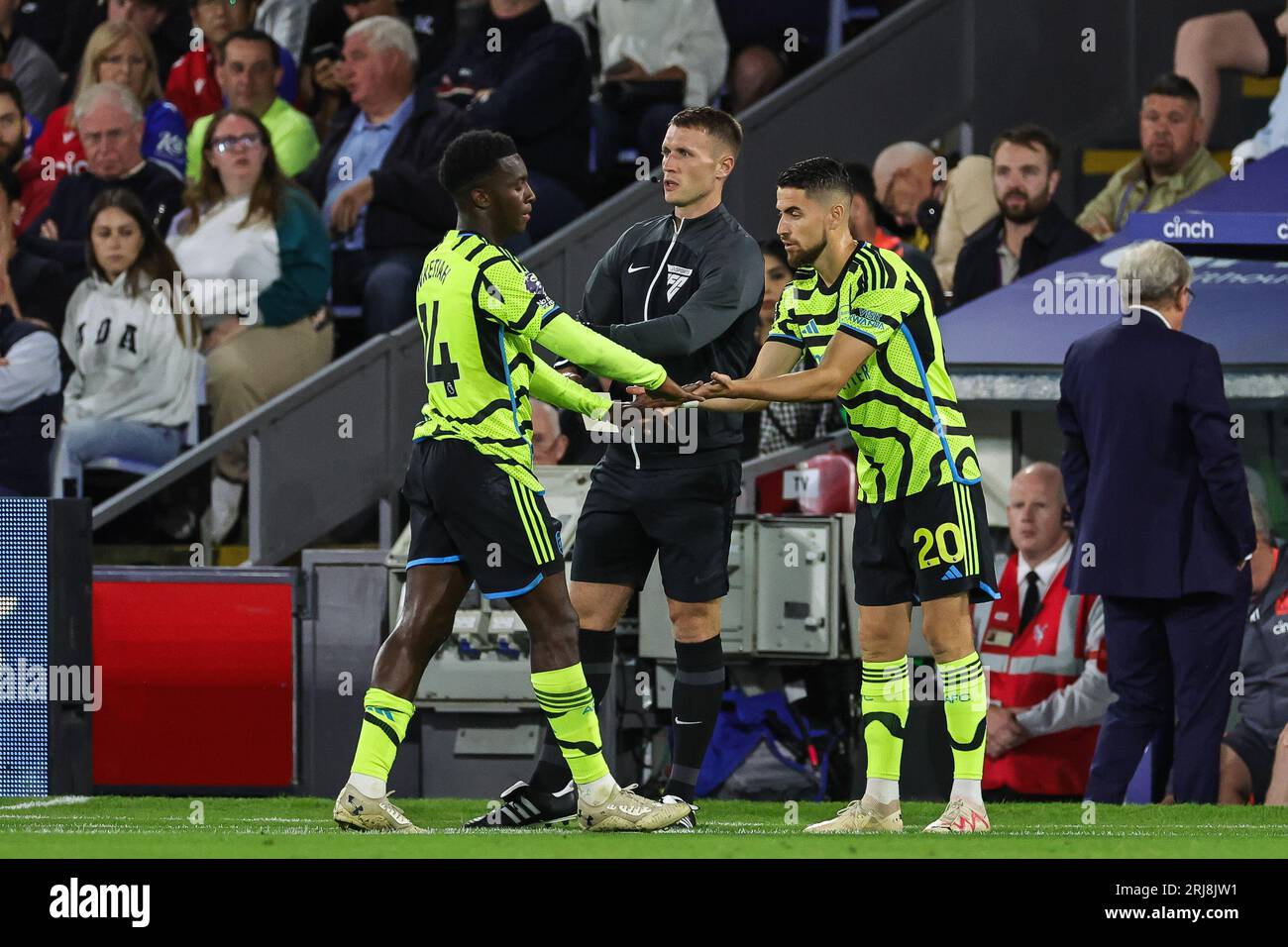 Jorginho #20 of Arsenal replaces Eddie Nketiah #14 of Arsenal uring the Premier League match Crystal Palace vs Arsenal at Selhurst Park, London, United Kingdom, 21st August 2023 (Photo by Mark Cosgrove/News Images) in, on 8/21/2023. (Photo by Mark Cosgrove/News Images/Sipa USA) Credit: Sipa USA/Alamy Live News Stock Photo