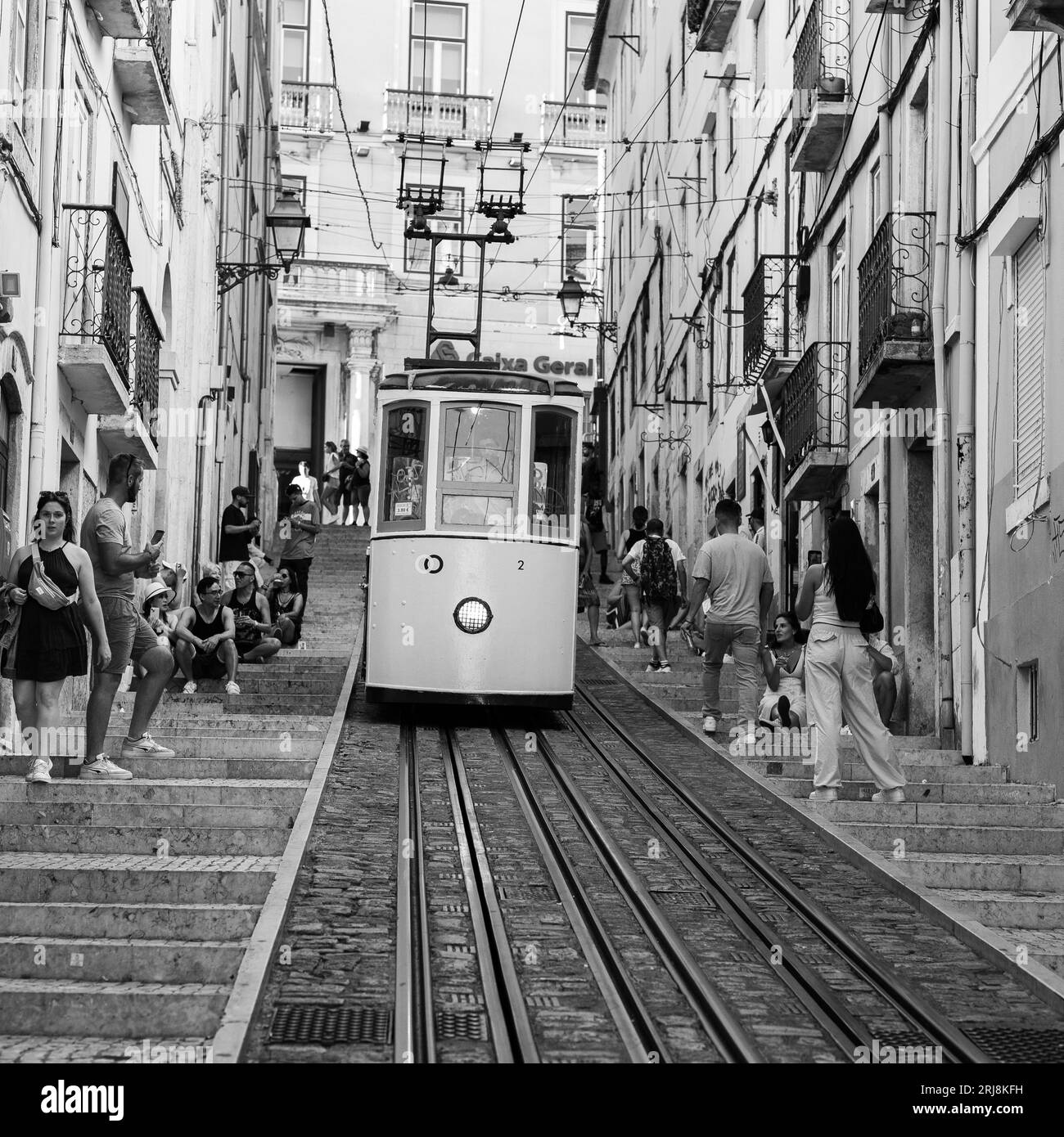 LISBON PORTUGAL; 08/21/2023, view of the Elevador da Bica, or Ascensor de Bica, is a funicular railway located on Rua da Bica in Belo Duarte in Lisbon Stock Photo