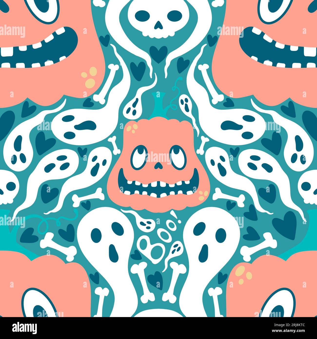 Halloween cartoon seamless pumpkins and ghost and skulls pattern for ...