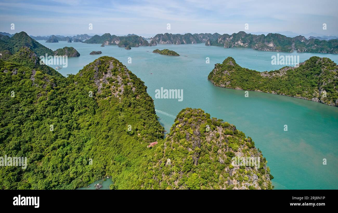 Ha long bay panorama aerial view for limestone islands and rocks in the sea. Stock Photo