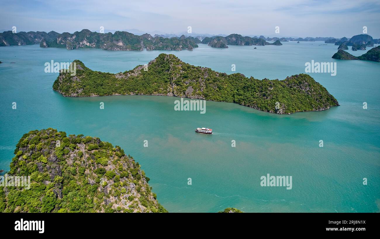Ha long bay panorama aerial view for limestone islands and rocks in the sea. Stock Photo