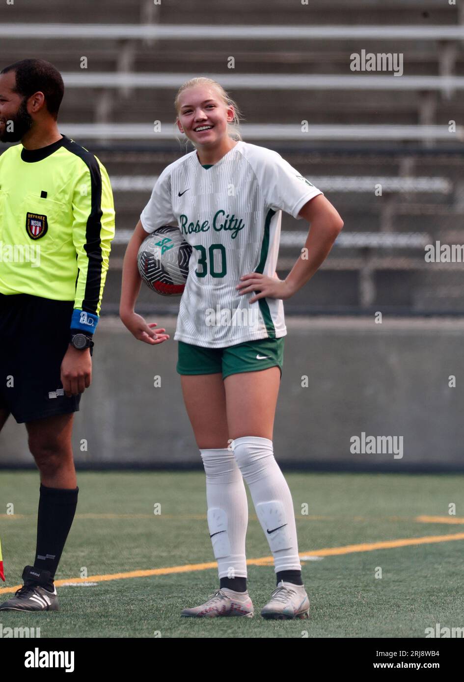 August 20, 2023: Portland State defender Leah Heugly (30) waits for play to resume during the NCAA women's soccer game between the Portland State Vikings and the Seattle University Redhawks at Hillsboro Stadium, Hillsboro, OR. Larry C. Lawson/CSM (Credit Image: © Larry C. Lawson/Cal Sport Media) Stock Photo