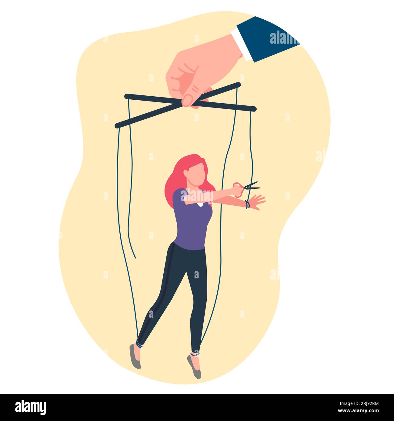 People getting rid of manipulation. Woman cuts threads with scissors. Victim girl tied to puppets hand. Marionette control. Freedom and independence Stock Vector