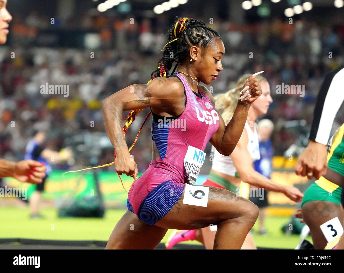 Sha Carri Richardson (USA) in semi final 100m women during the 19th edition World Athletics Championships on August 21, 2023 in the National Athletics Centre in Budapest, Hungary Credit SCS/Soenar Chamid/AFLO/Alamy Live
