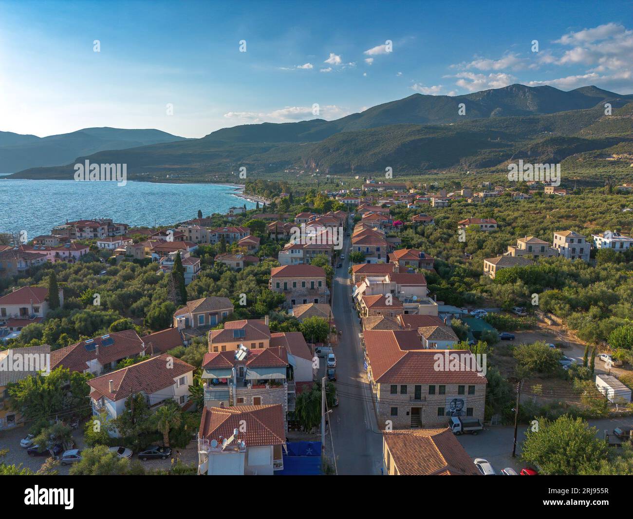 Aerial view of the wonderful seaside village of Kardamyli, Greece located in the Messenian Mani area. It is one of the most beautiful places to visit Stock Photo