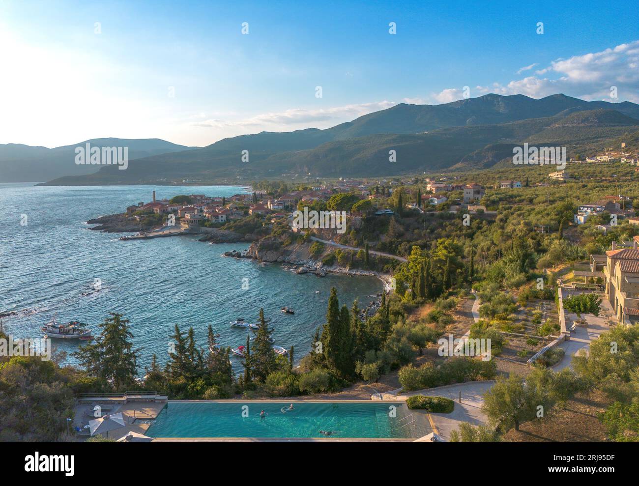 Aerial view of the wonderful seaside village of Kardamyli, Greece located in the Messenian Mani area. It is one of the most beautiful places to visit Stock Photo