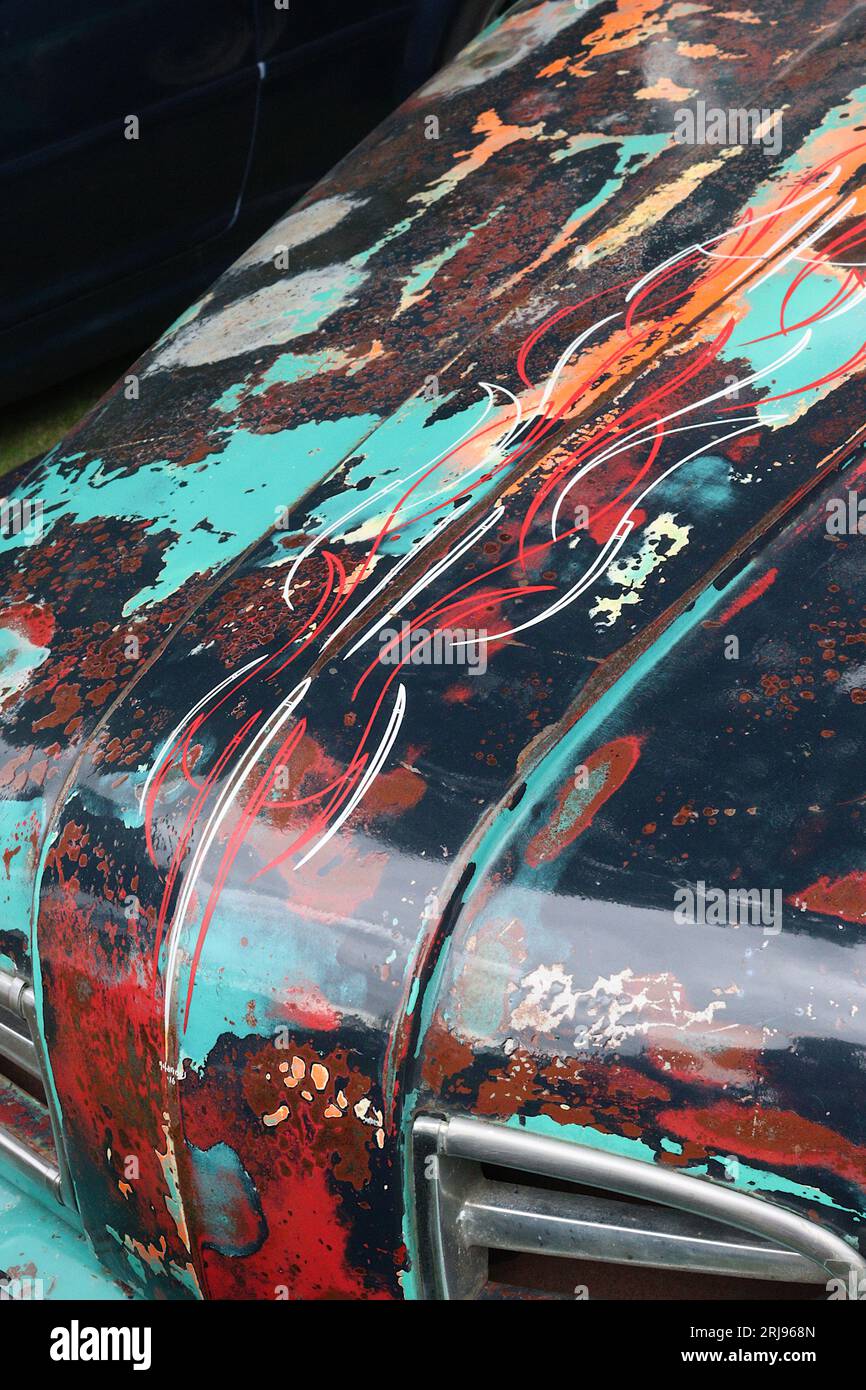1948 multi-paint layered patina look Ford F1 Rat rod pick up truck, laquered, finished and detailed with colourful pinstriping, August 2023 Stock Photo