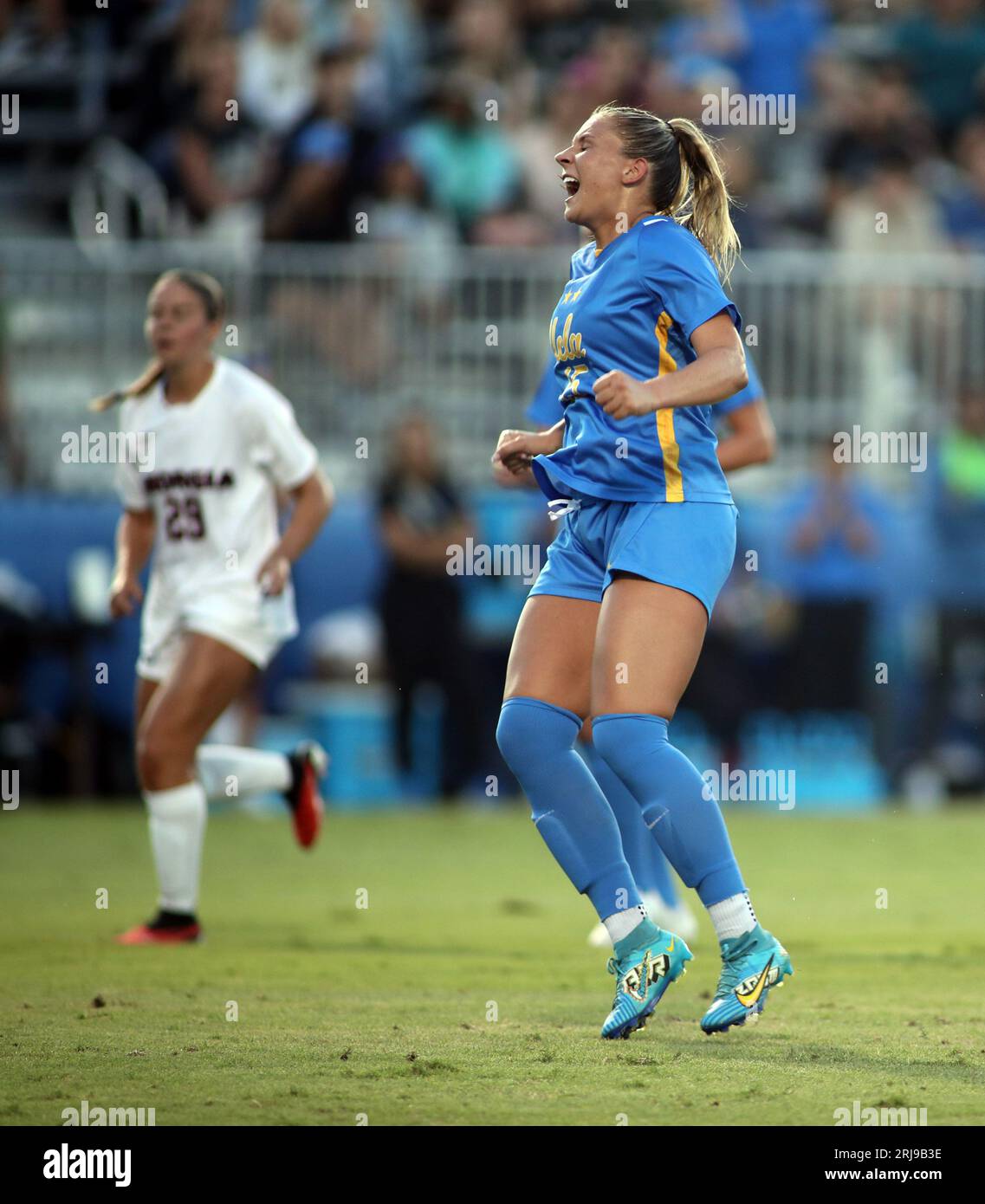 August 17, 2023 - UCLA Bruins defender Jayden Perry #15 scores on a penalty kick in the first half during a game between the Georgia Bulldogs and the UCLA Bruins at Wallis Annenberg Stadium in Los Angeles, CA - Michael Sullivan/CSM Stock Photo