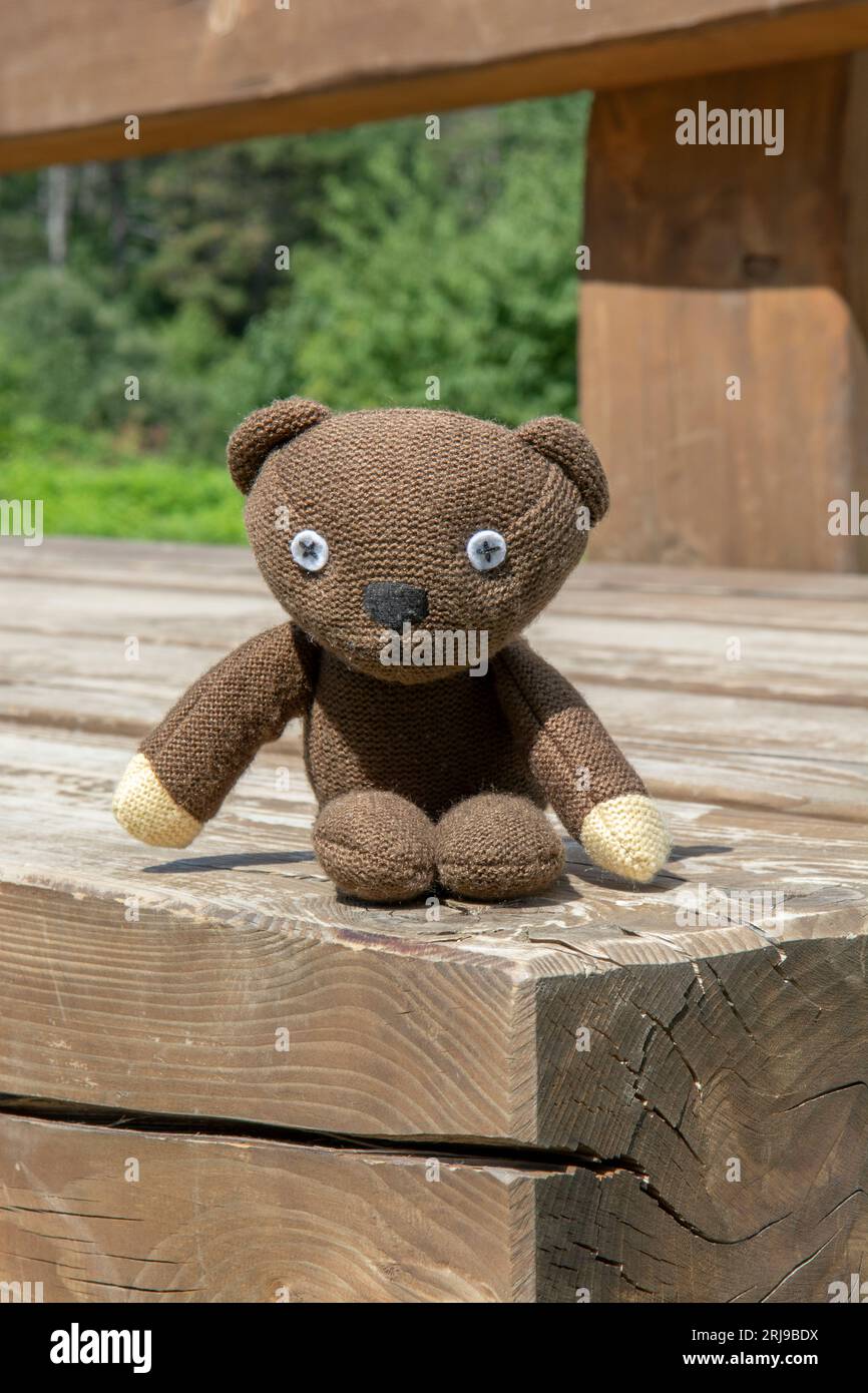 Skycov, Slovakia - August, 11, 2023 : A replica of Mr. Bean's Teddy Bear sitting on the wooden bench. Close up . Detail. Stock Photo