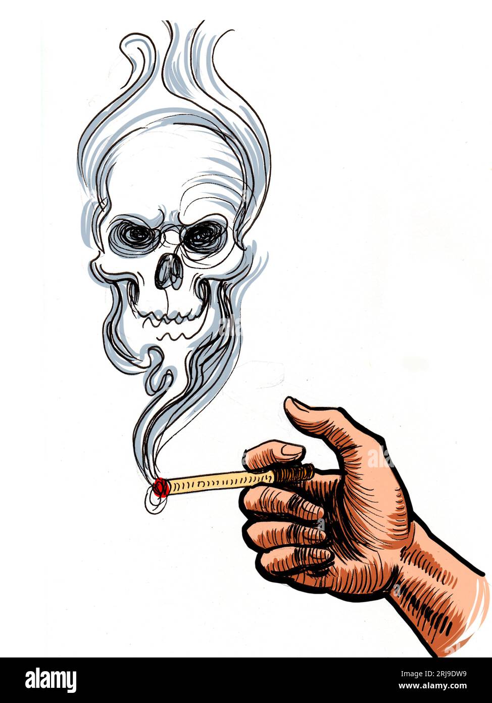 smoke cigarette drawing Hand with a smoking cigarette and skull. Ink black and white drawing Stock  Photo
