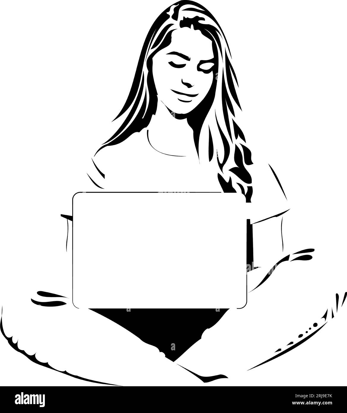 A girl sitting looking at a laptop screen wearing a white T-shirt and