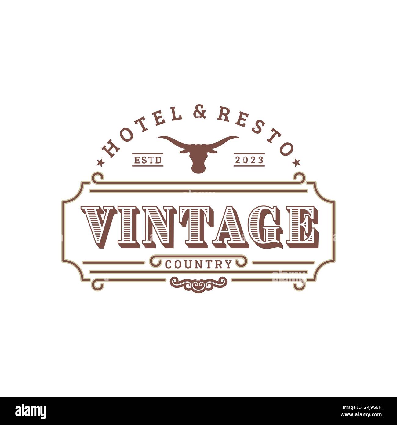 Vintage Emblem For Vintage Bar or Restaurant With Long Horn Icon Logo Design Inspiration Stock Vector