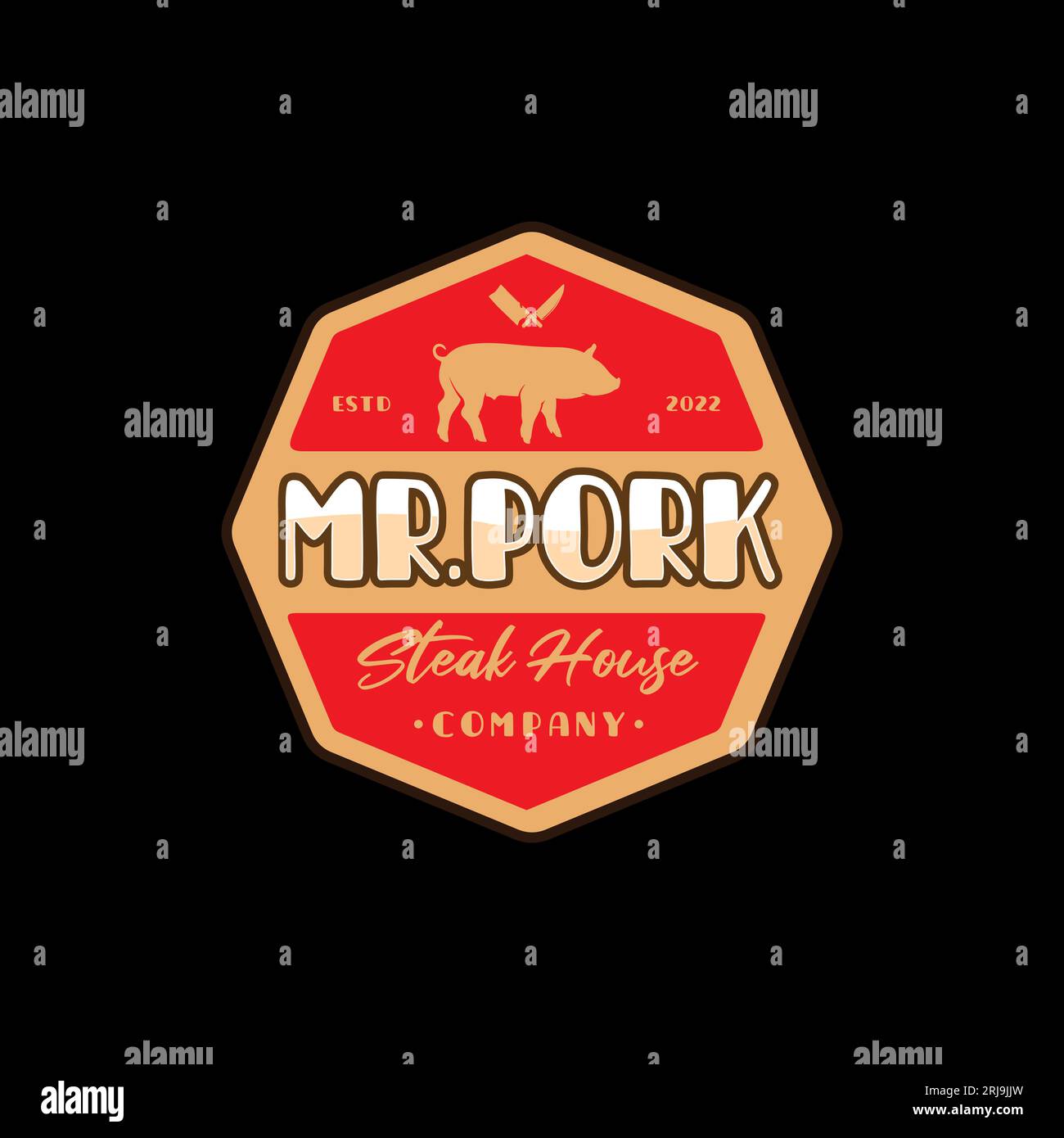Vintage Pork Pig Bacon Steak House Label logo design Stock Vector