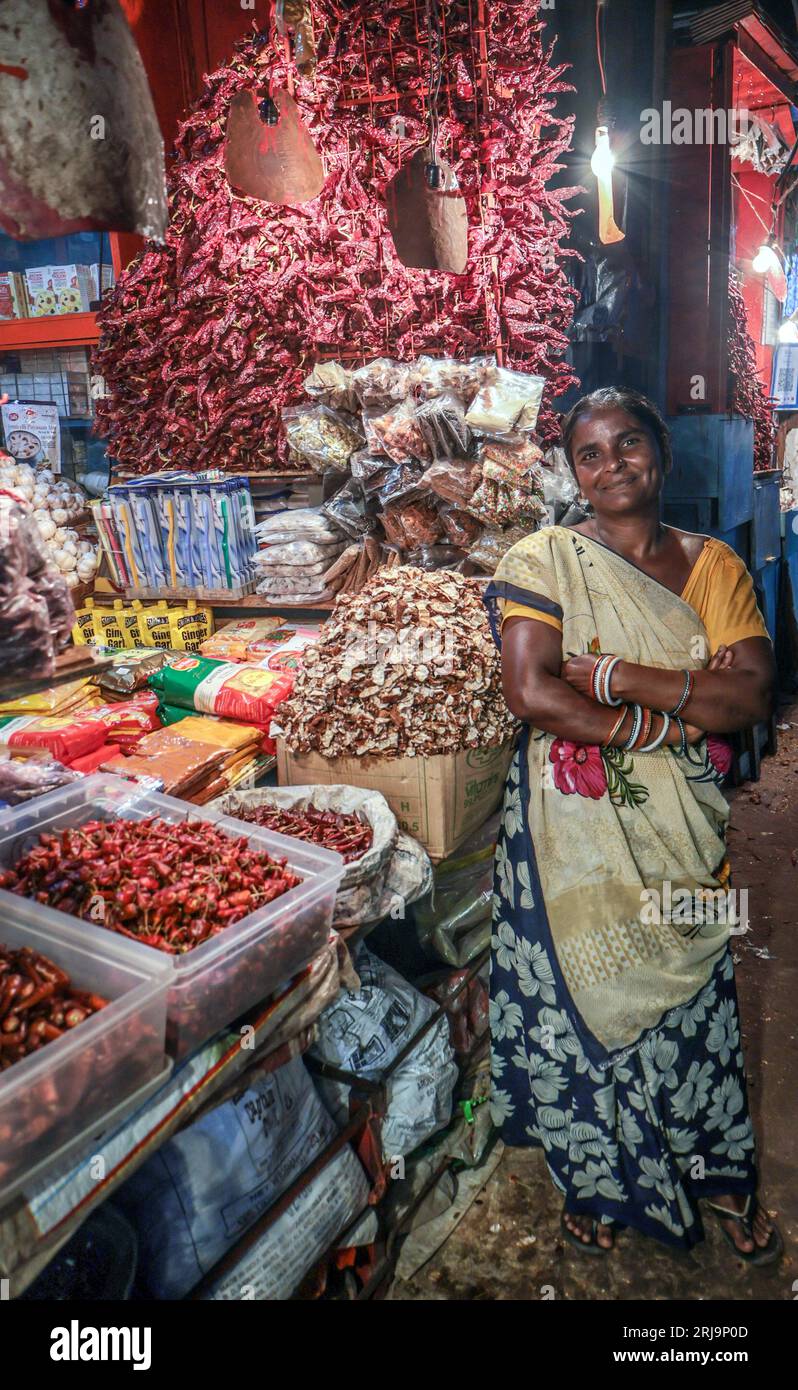 Margao, South Goa, India. 22nd Aug, 2023. Chillies and spices for sale in the Narrow passage ways selling anything imaginable in the busy and colourful market at the city of Margao, South India.Paul Quezada-Neiman/Alamy Live News ff Credit: Paul Quezada-Neiman/Alamy Live News Stock Photo